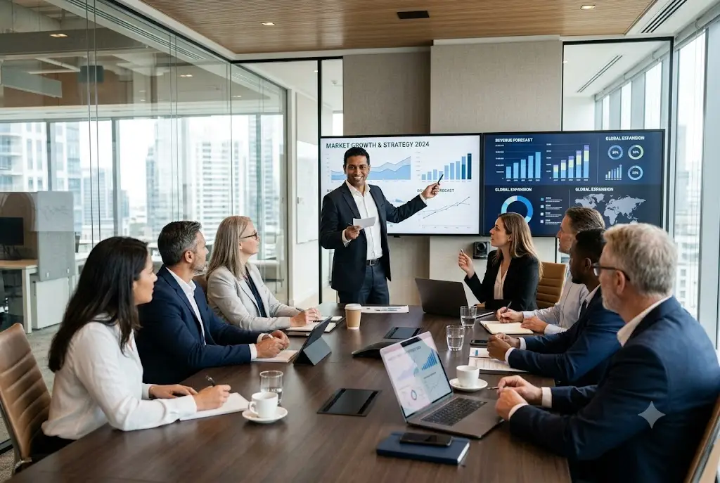 Professional presenting business strategy while becoming a consultant