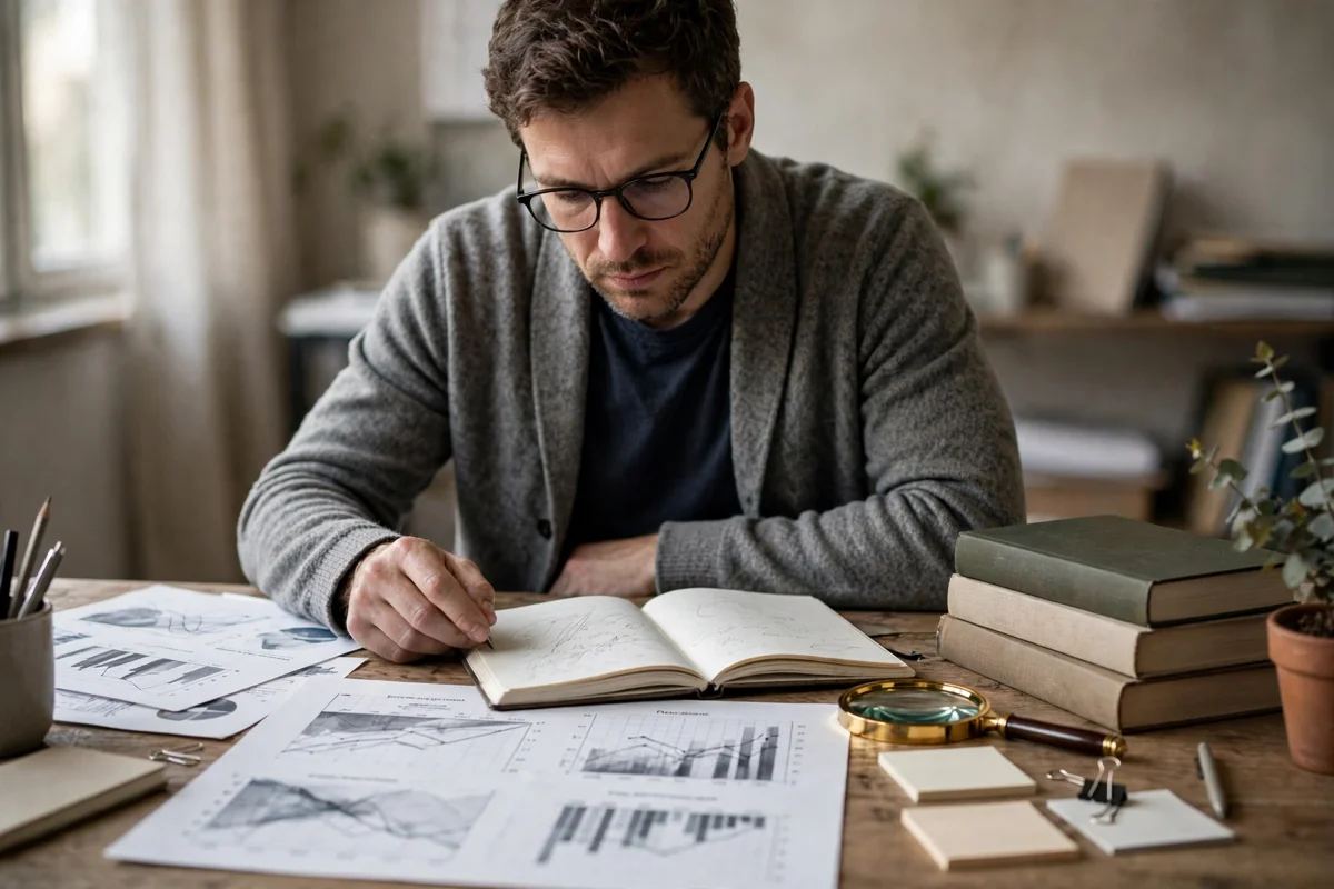 Researcher comparing charts and notes to choose a research methodology